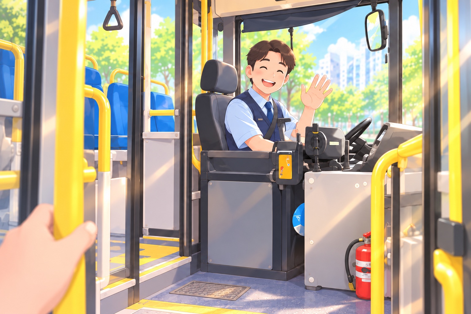 노란 손잡이를 잡고 버스에 오르면, 파란 제복을 입은 기사님이 환하게 웃으며 반겨 줍니다.
